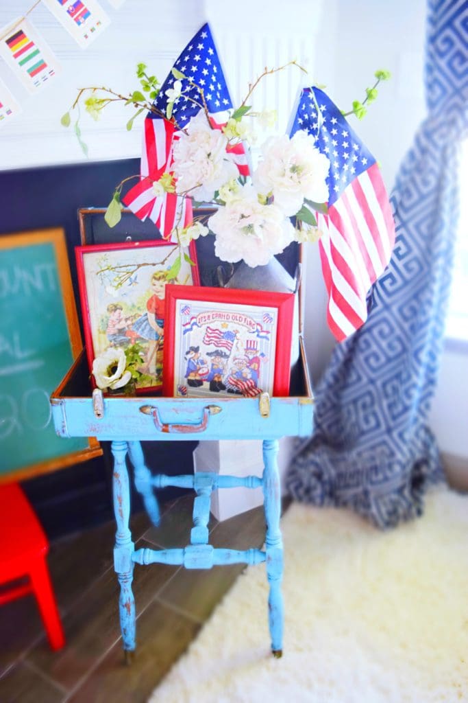 Antique distressed suitcase table patriotic decor