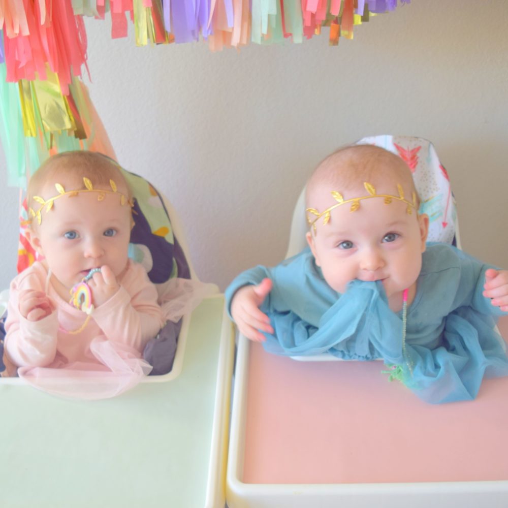 Six Month Pictures Twin Girls Monthly baby pictures tassle garland Ikea ANTILOP highchair cover and placemats
