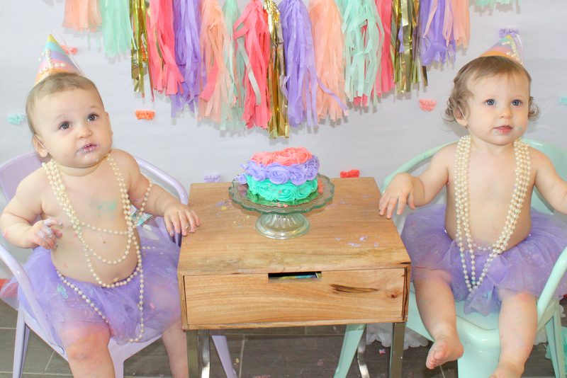 Twin Girls Cake Smash Mint Coral Lavender Gold Theme