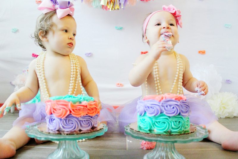 Twin Girls Cake Smash Mint Coral Lavender Gold Theme
