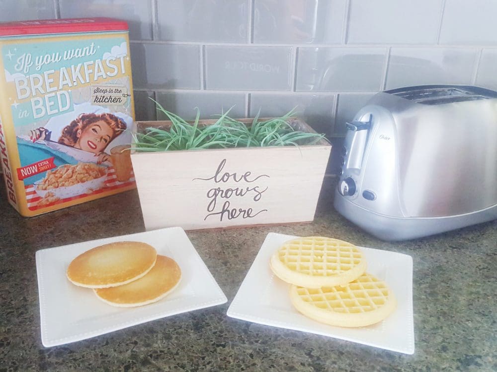 Eggo Waffle Bar and eggo pancake bar fun idea for anniversary breakfast