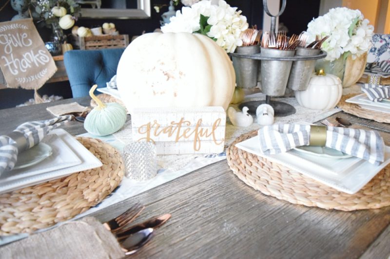 Modern Farmhouse Fall Tablescape Rose Gold Plasticware Hearth and Hand Napkin and Gather Napkin Ring