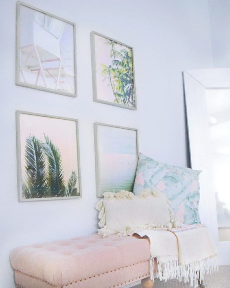 A Beautiful Tropical Romantic Master Bedroom Makeover Macrame Hanging Planter Blush Pink Bench Dusty Pink Bedroom Bench Boho Decor Silver Floor Mirror Minted Art Prints Beach Art Prints Wall Art Tropical Prints Coastal Bedroom Decor Beach decor Blush Pink Bench Dusty Rose Bench Upholstered Bench Banana Leaf Pillow Emily Merritt Pottery Barn Teen Pillow