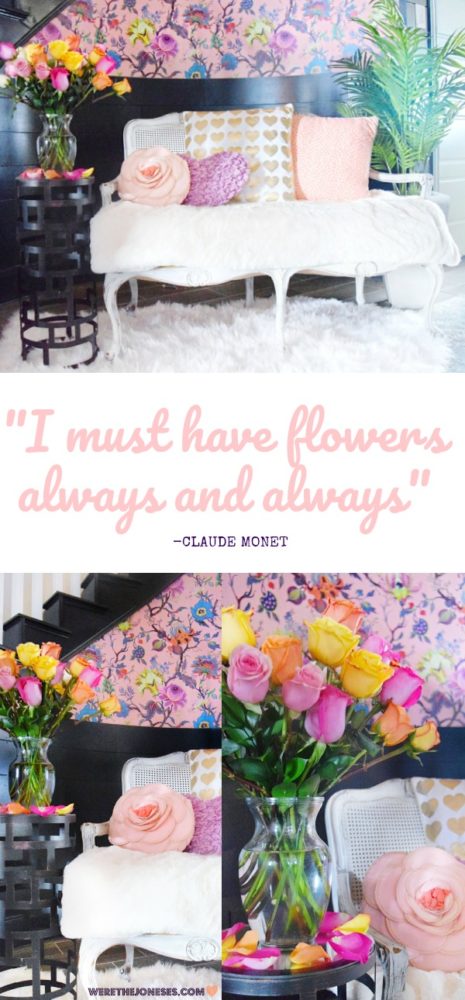 I must have flowers always and always quote claude monet floral wallpaper colorful walls anthropologie wallpaper artemis wallpaper pink wallpaper colorful roses entryway decor entryway ideas foyer decor foyer wallpaper ideas
