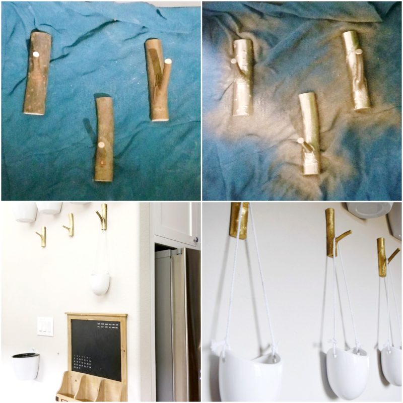 DIY floating plant wall gold tree branch hooks gold spray paint hanging wall planters modern plant containers floating wall plants