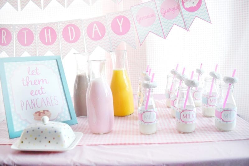 pancake and pajamas pancake bar twin birthday party preppy pink birthday ideas twin girls birthday party milk bottles customized