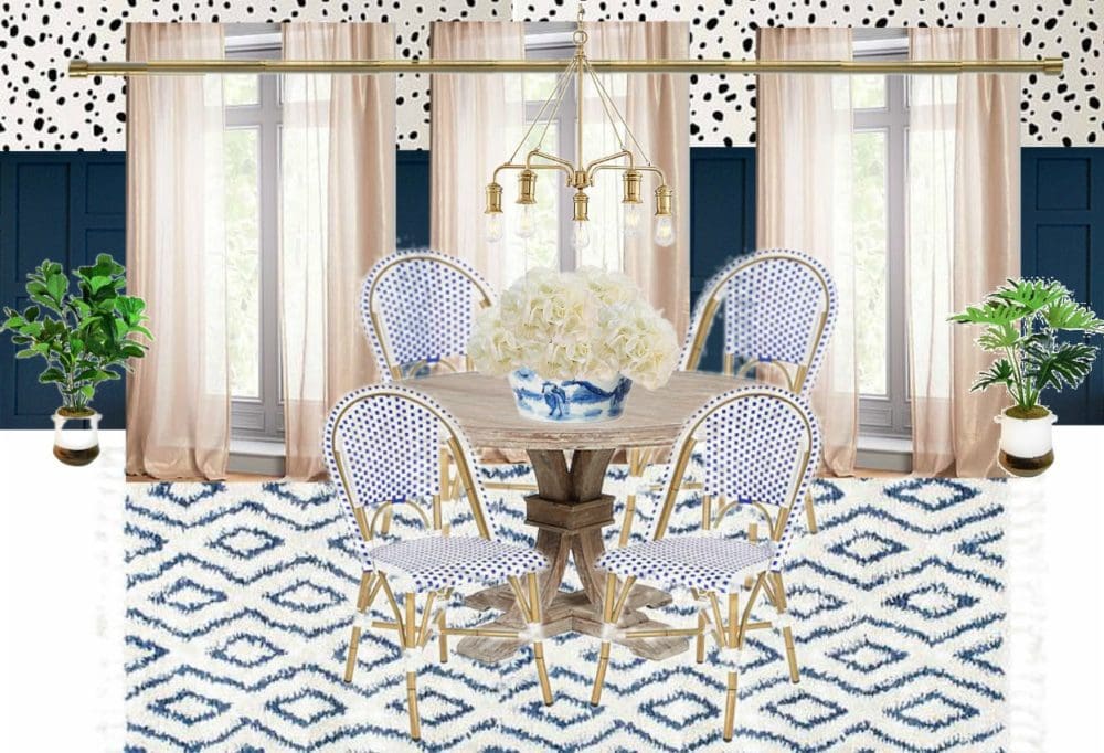 Breakfast Nook Design Board Inspiration Mood Board Ideas for Kitchen Nook Dalmation Spots Stencils DIY Stenciling Navy Blue Woven Bisto Chairs Navy Wainscoting Wood Paneling 