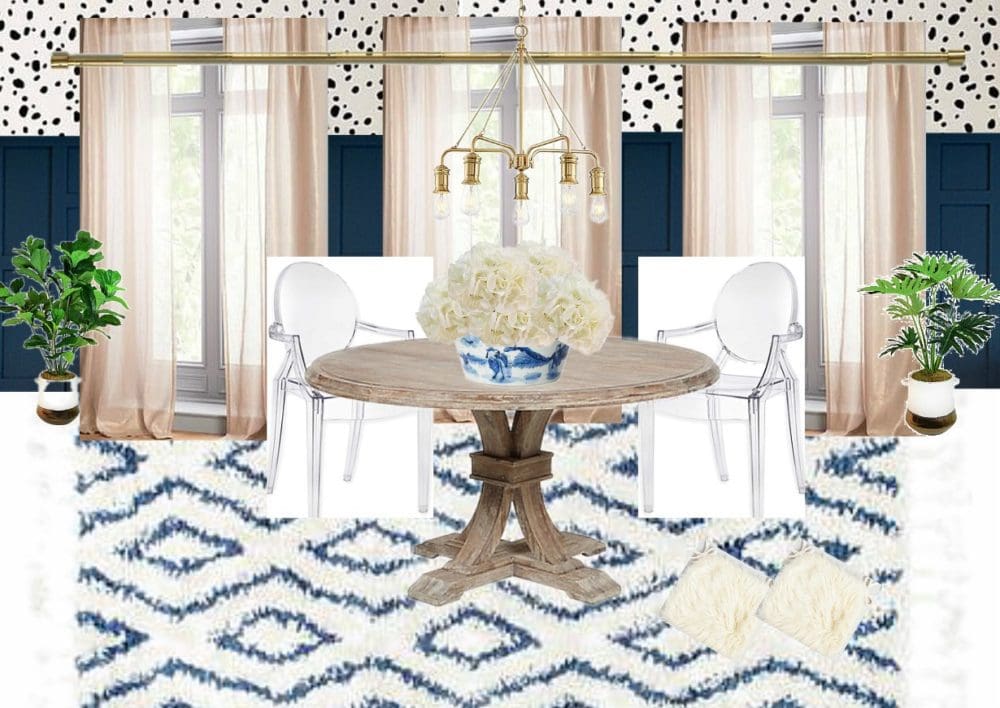 Breakfast Nook Design Board Inspiration Mood Board Ideas for Kitchen Nook Dalmation Spots Stencils DIY Stenciling Ghost Chairs Navy Wainscoting Wood Paneling 