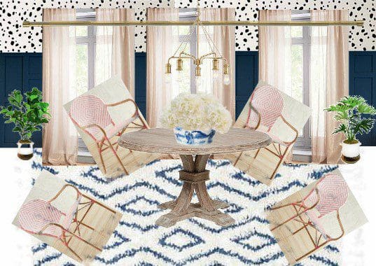 Breakfast Nook Design Board Inspiration Mood Board Ideas for Kitchen Nook Dalmation Spots Stencils DIY Stenciling Light Pink Blush Woven Bisto Chairs Navy Wainscoting Wood Paneling 