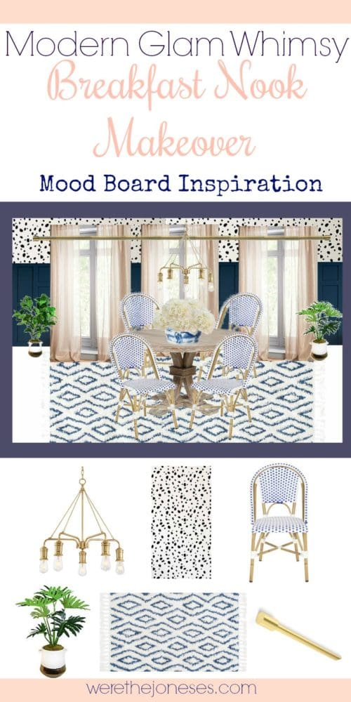 modern glam whimsy breakfast nook mood board ideas and inspiration dalmation spots stencils DIY stenciling woven bistro chairs navy and blush and gold www.werethejoneses.com