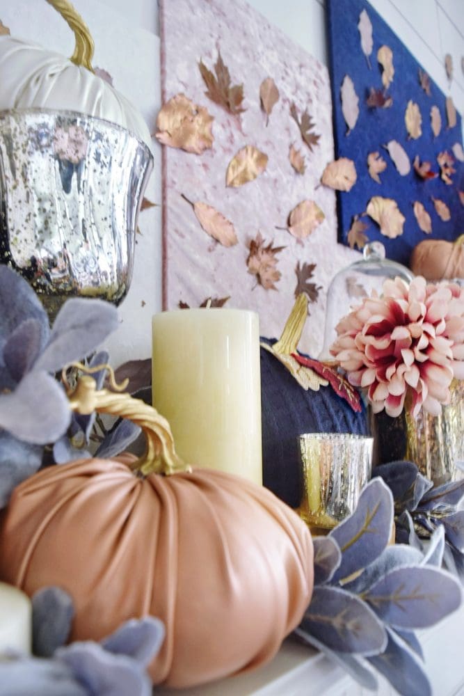 Modern Fall Mantle Luxe Glam Fall Decor Rose Gold Navy Pink Mauve Copper Fall Colors Leather Pumpkin Velvet Pumpkin