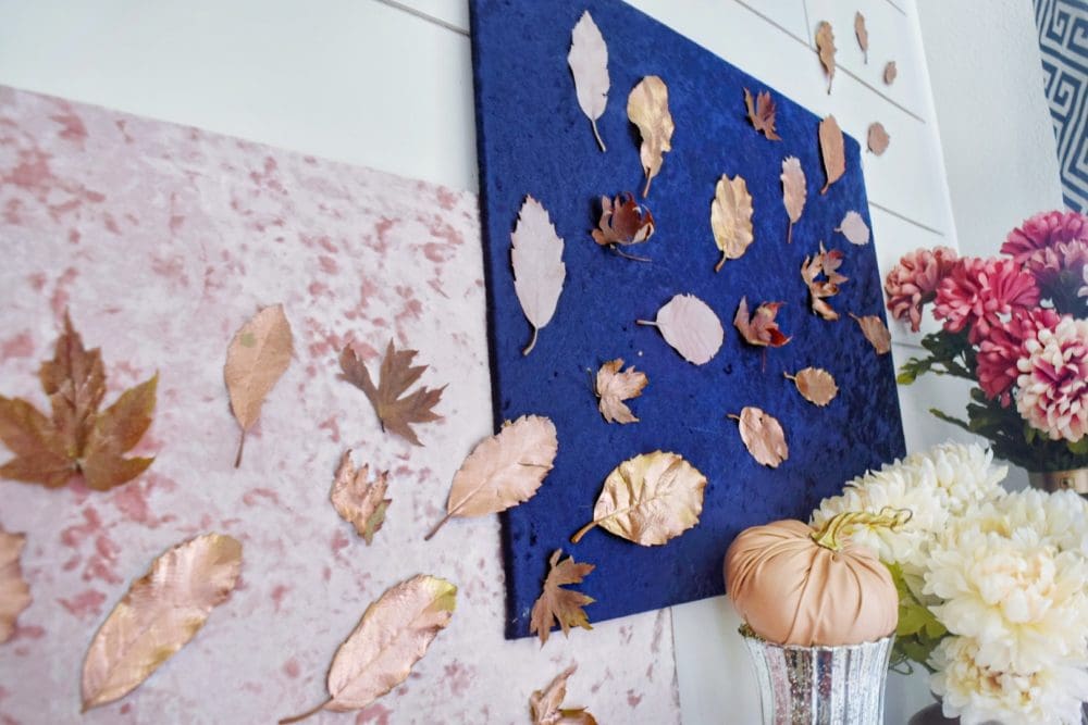 Modern Fall Mantle Floating Leaves DIY Copper Fall Leaves Luxe Glam Fall Decor Velvet Fabric Wall Decor