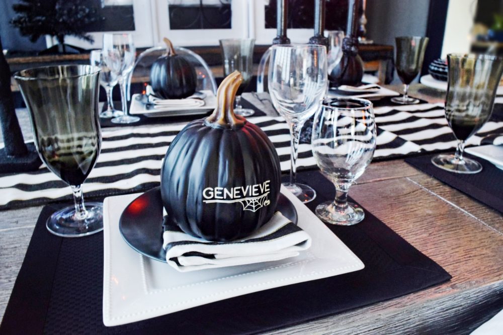 Haunted Halloween Dinner Party Gothic Party Decor Classy Halloween Decorations Personalized Pumpkins Halloween Tablescape Black and White Table Runner Black and White Stripe Dinner Napkins Halloween Dining Room