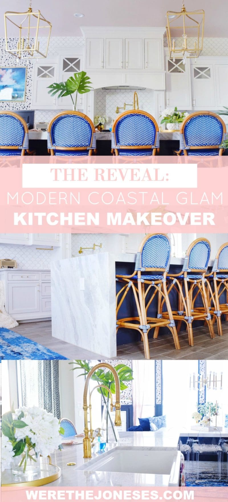 The Reveal Modern Coastal Glam Kitchen Makeover Blush Pink Ceiling Hi Gloss Ceiling Glossy Ceiling Blue Bistro Bar Stools Coastal Counter Stools Tropical Kitchen Ideas Marble Countertops White Kitchen Ideas Brass Kitchen Fixtures Navy Cabinets Ideas