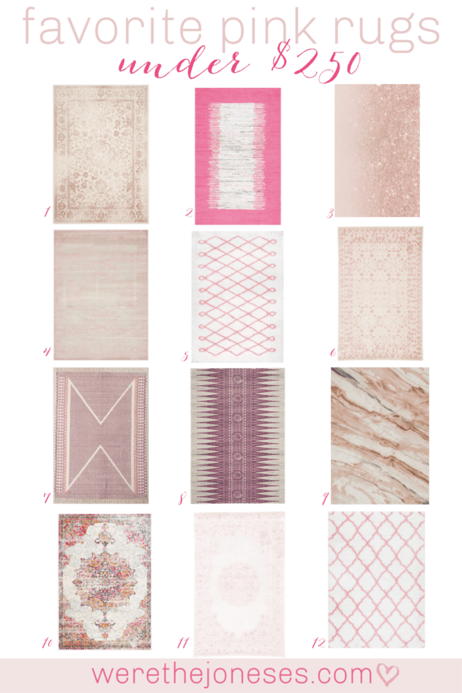 I've rounded up my favorite pink rugs under $250. Perfect for little girl nurseries, little girl rooms, tween rooms, playrooms, guest rooms and laundry rooms! werethejoneses.com