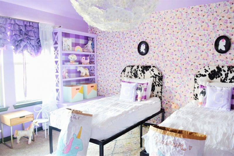 whimsical little girls room with floral wallpaper ikea dandelion chandelier ikea dandelion pendant GRIMSÅS Pendant lamp and lavender purple painted walls