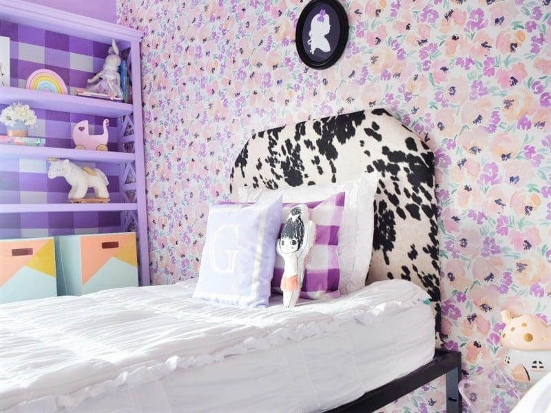 peony wallpaper cowhide headboard silouette portrait and beddys bed in little girls room