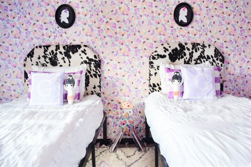twin girls bedroom with caitlin wilson floral wallpaper beddys bed and floral wallpaper