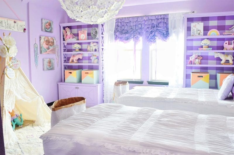 little girls room with purple walls and white beddys bed and ikea dandelion pendant GRIMSÅS Pendant lamp