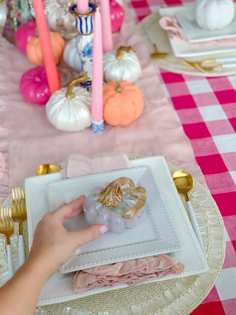 3 simple steps to decorate a tablescape setting a beautiful fall table with painted pumpkins and long centerpiece using taper candles