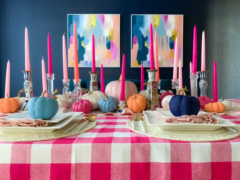 colorful fall tablescape fall decor ideas using pinks and blues chinoiserie candle holders and painted pumpkins