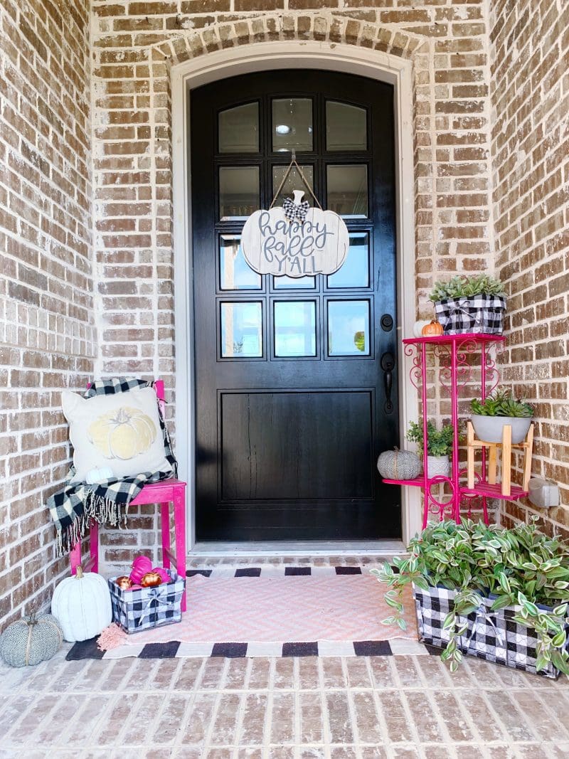 colorful fall front porch decor ideas with hot pinks orange green and black and white buffalo check