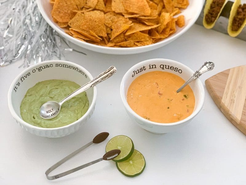 guacamole and queso bowl for taco bar homegating party