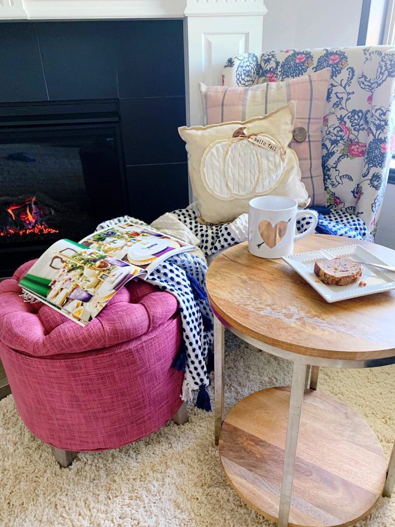 fireplace cozy reading nook with coffee and magazines