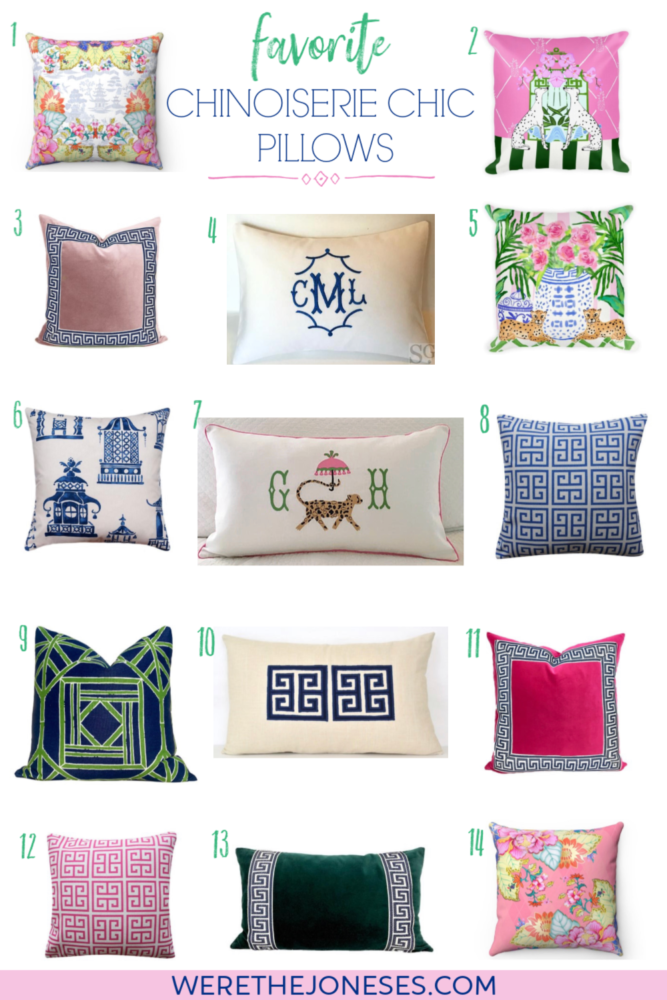 chinoiserie chic pillows with greek key pattern, pagodas, jaguars, monograms, and bright preppy colors