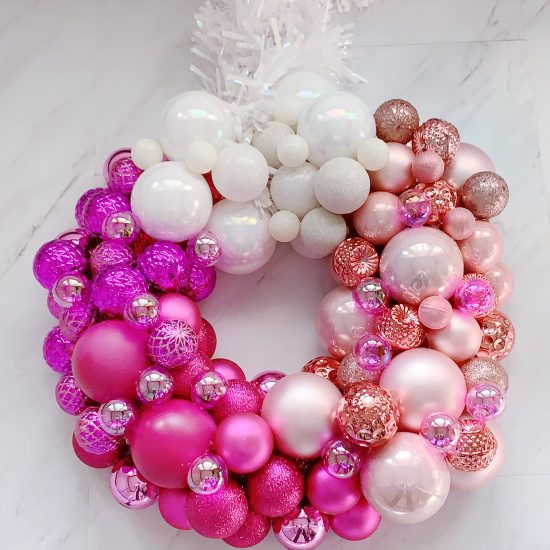 christmas wreath with pink ombre ornaments