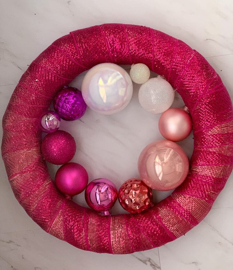 pink wreath with pink ornaments step by step tutorial