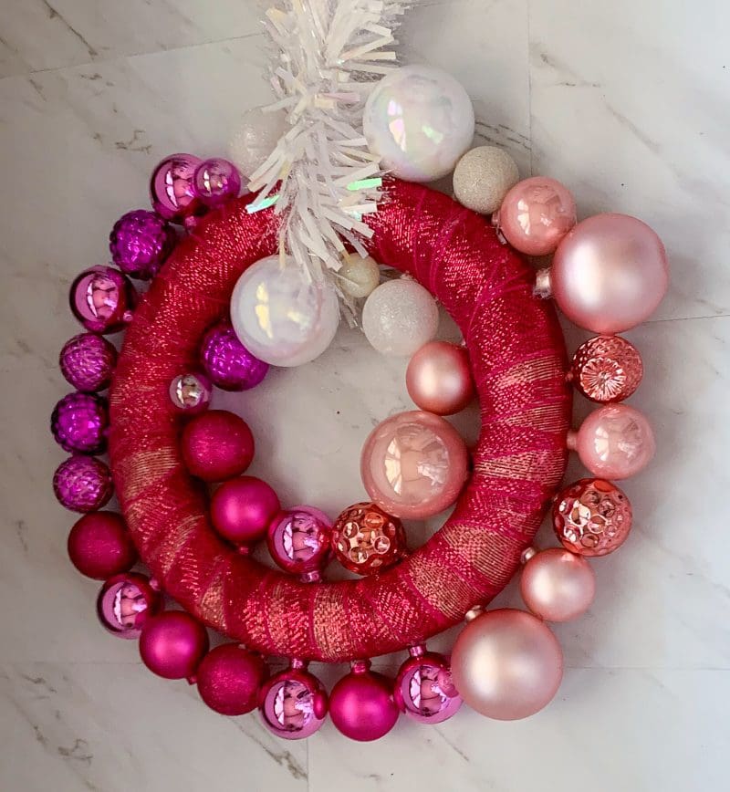 christmas wreath DIY with pink ornaments