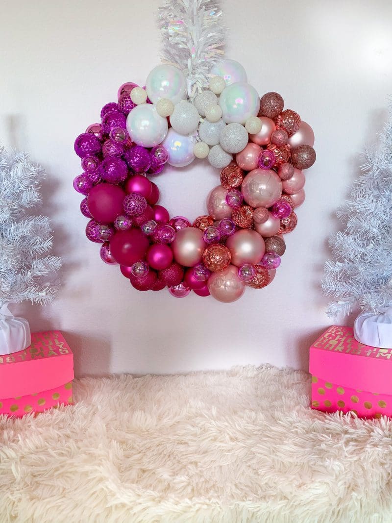  pink ombre ornament wreath with white christmas trees