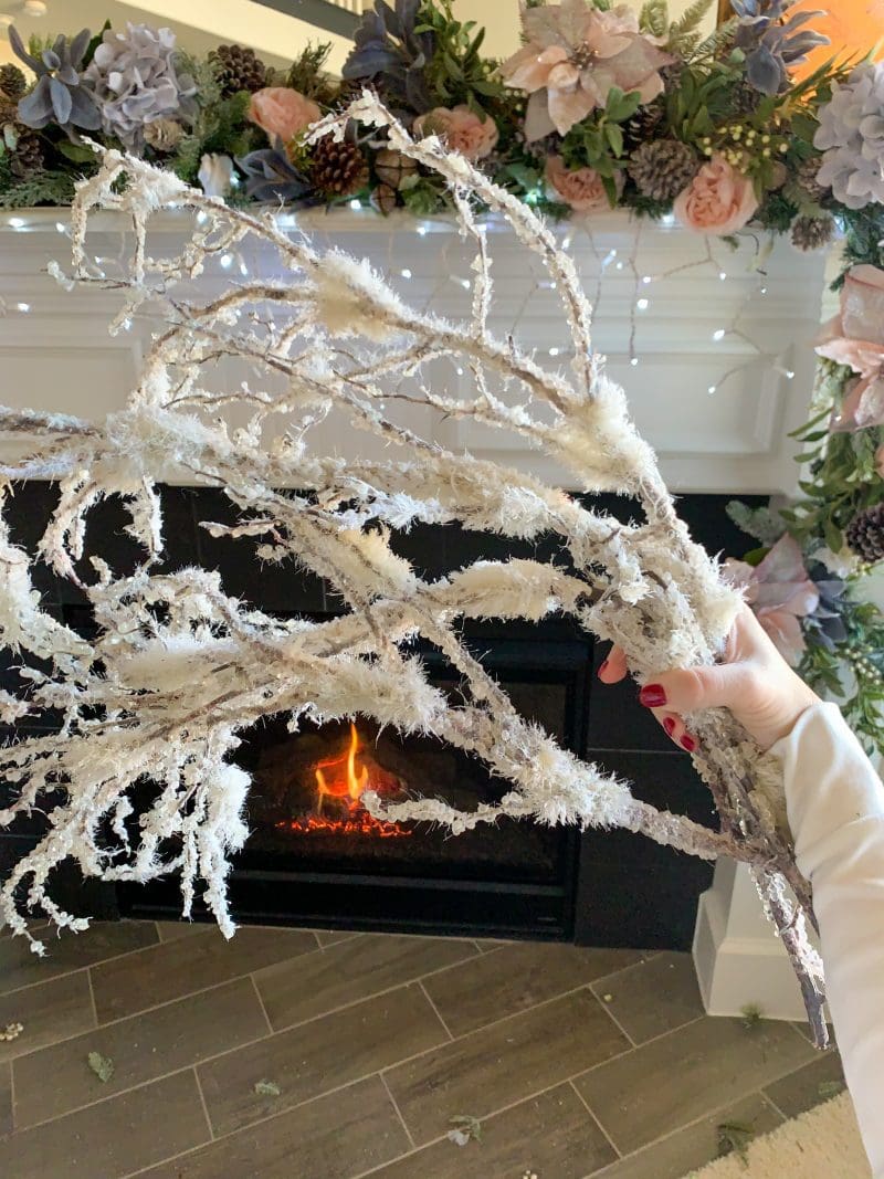 white snow christmas branches for holiday mantel