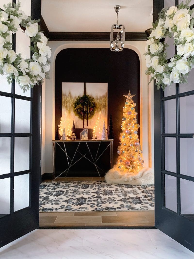 entryway table Christmas decor with rose gold Christmas tree