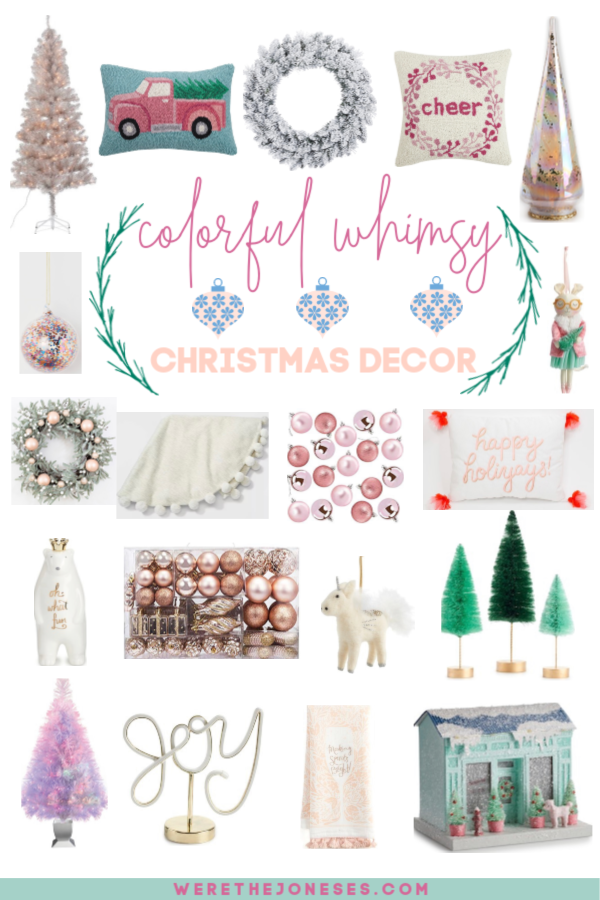 Christmas decor ideas that are whimsical and colorful. Sharing pastel Christmas pillows, Christmas ornaments in soft hues, and festive holiday decor inspiration