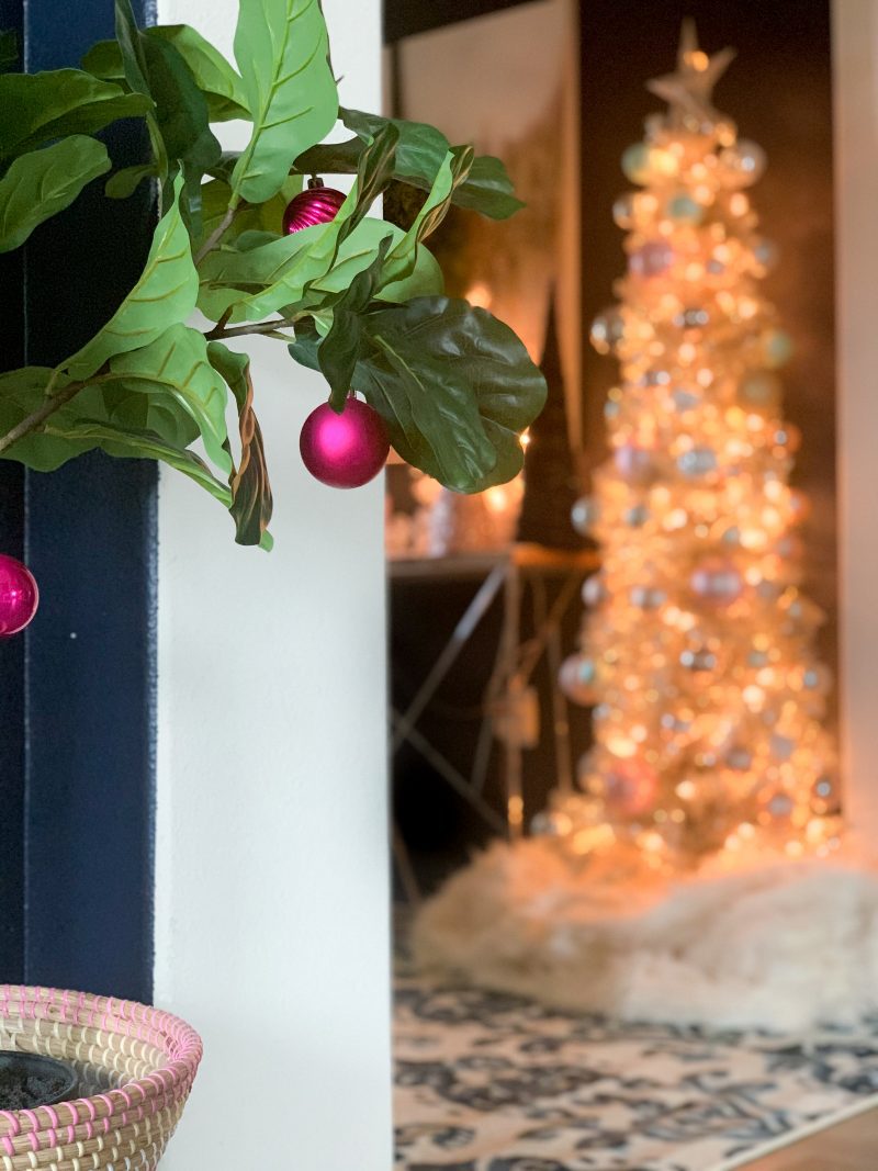 fiddle leaf fig faux tree with christmas ornaments