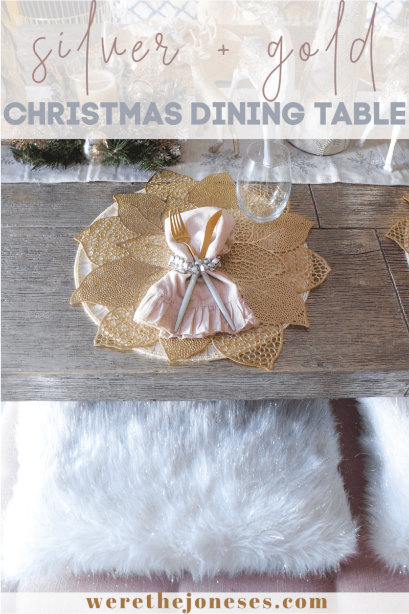 silver dining table with gold poinsettia placemat