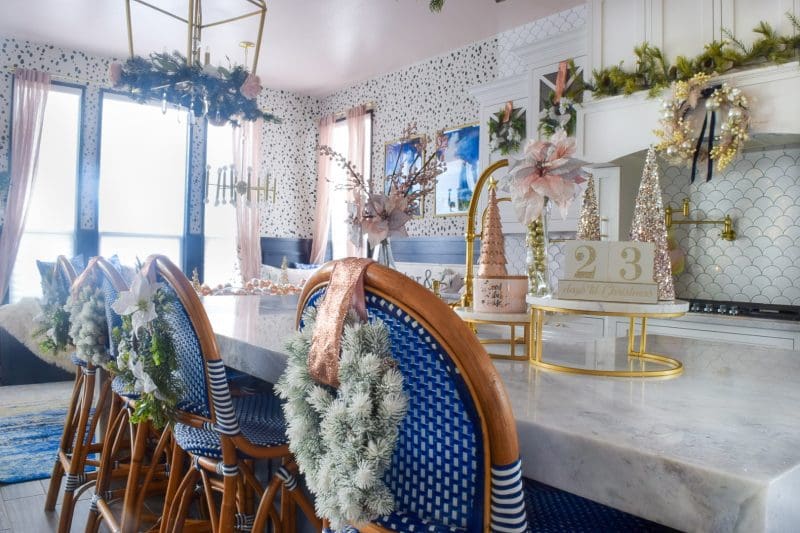 modern coastal kitchen with blush pink rose gold christmas decorations