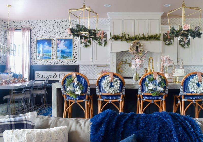 white and blue and pink kitchen with holiday decor