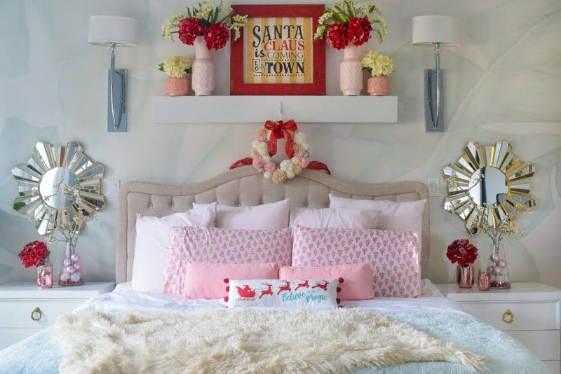 christmas bedroom decorated in red pink and mint green