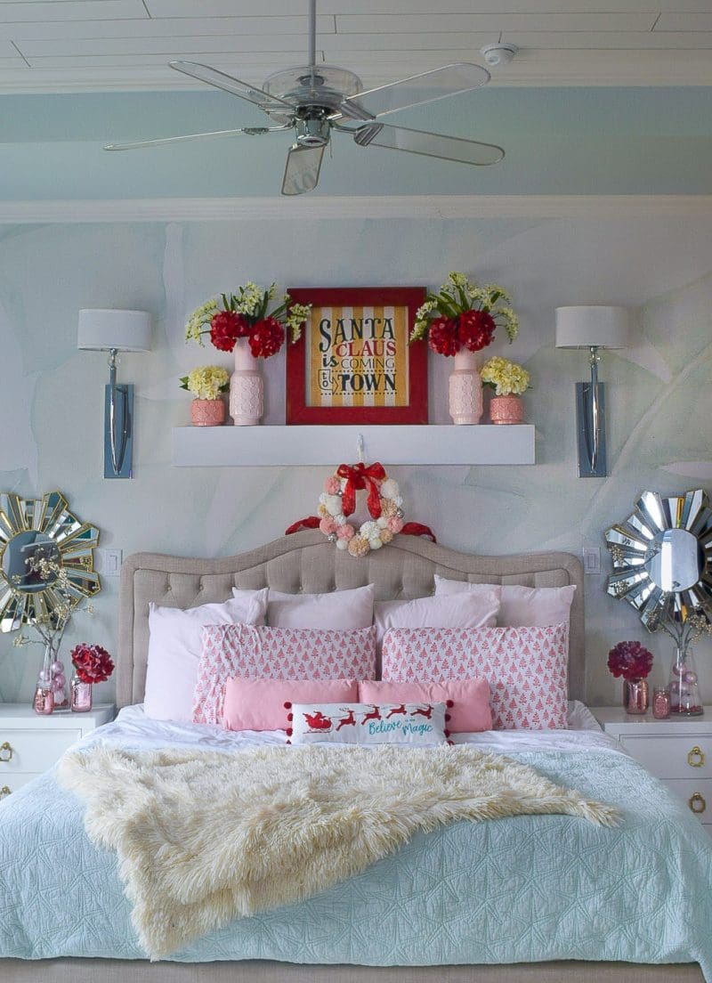 red blush pink and mint green christmas decorations in master bedroom