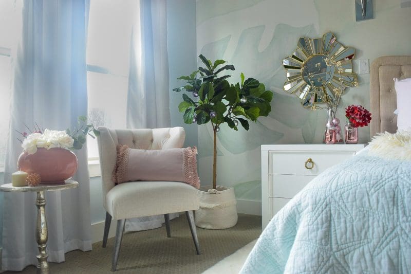 coastal bedroom with holiday decorations