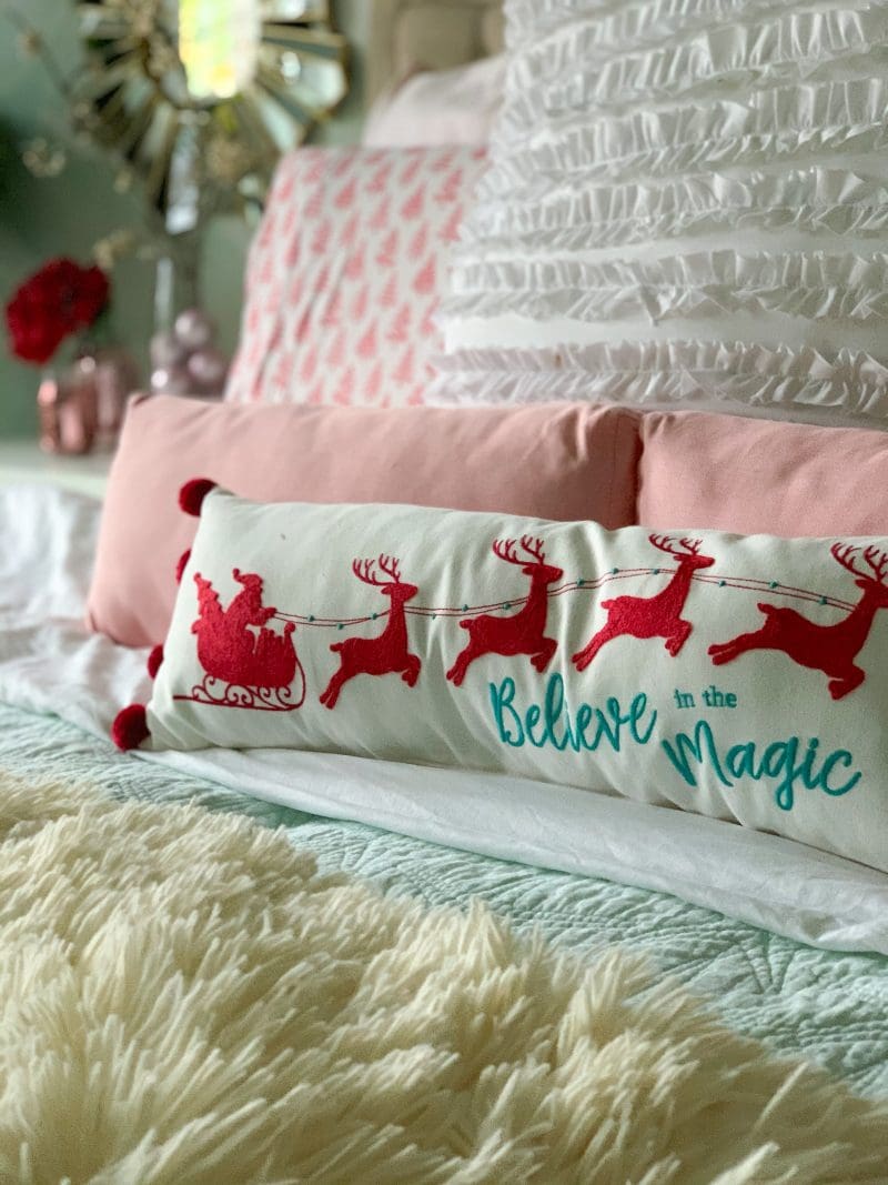 red blush pink and mint green christmas bedroom