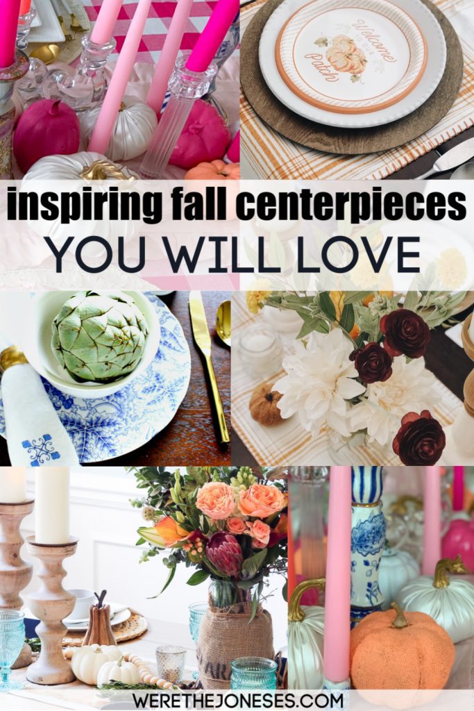 inspiring fall centerpiece ideas with flowers, painted pumpkins, artichokes, and candles