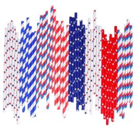 4th of July Paper Straws Bulk Biodegradable Disposable Drinking Blue Red White Striped Wave Star ...