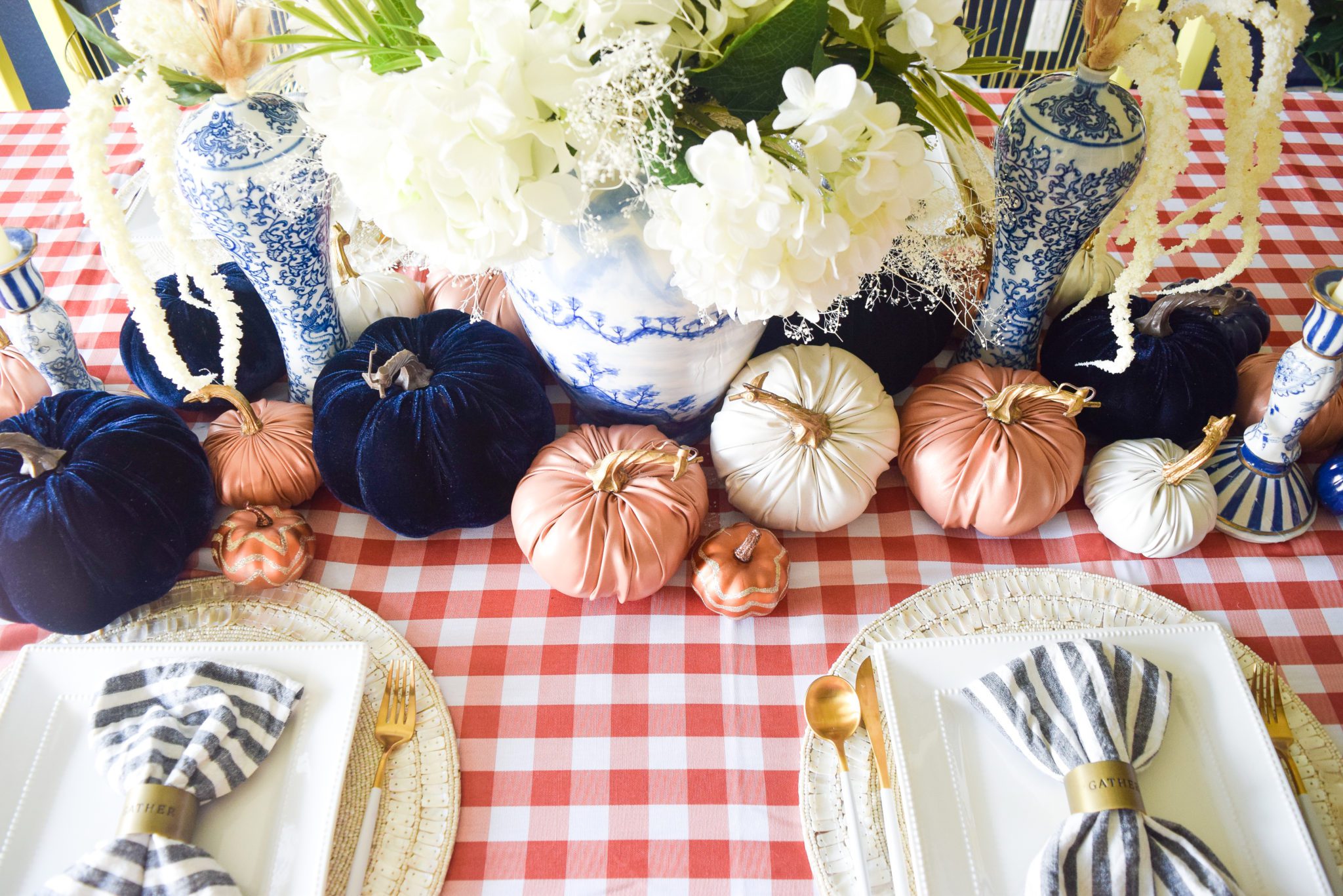 Fall Table Decor in Blue White and Orange » We're The Joneses