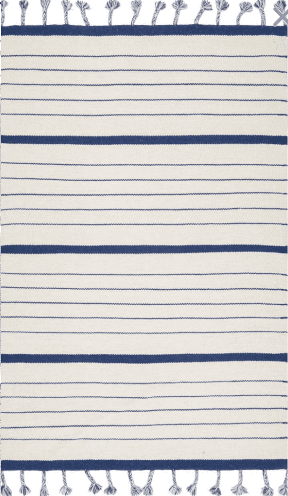 blue pinstripe tassel farmhouse rug