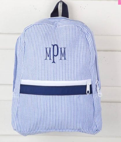 monogram seesucker backpack in navy blue