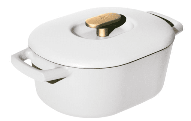 white dutch oven with gold handle